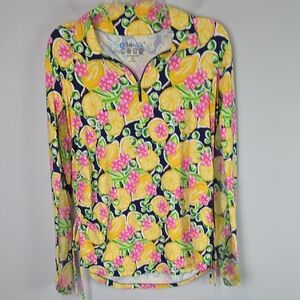 IBKUL CALISTA Lemons Floral Long Sleeve quarter zip POLO Golf Shirt